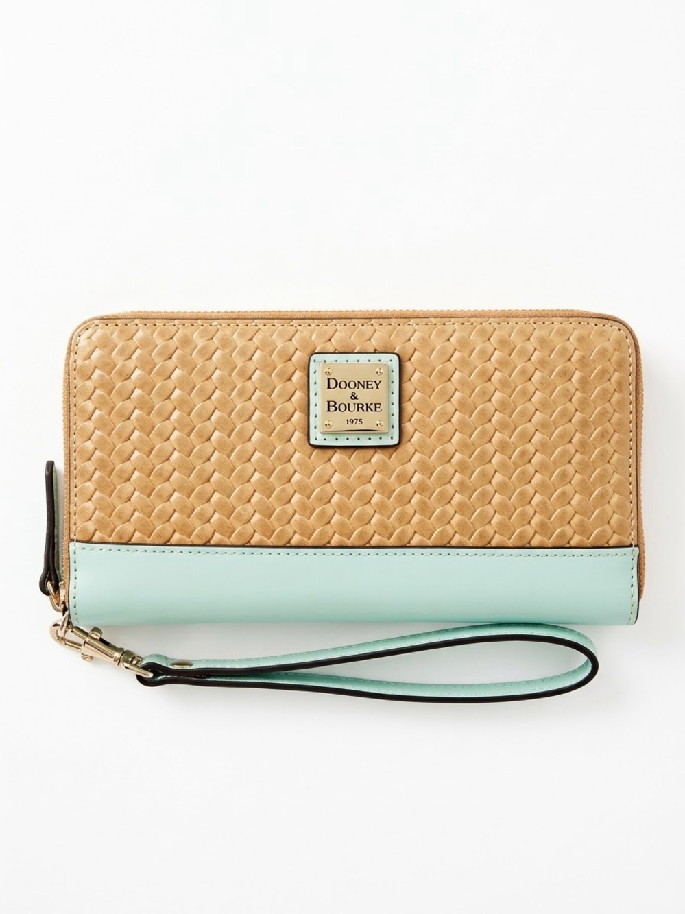 Dooney & Bourke Woven Embossed Leather Zip Around Wristlet Wallet in Mint Tan